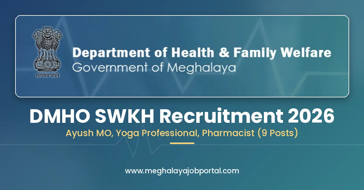 Banner for DMHO SWKH Recruitment 2026 showing the Government of Meghalaya Department of Health & Family Welfare emblem and name on a blue-teal background, with the headline "DMHO SWKH Recruitment 2026", the posts Ayush MO, Yoga Professional and Pharmacist (9 Posts), and the website www.meghalayajobportal.com.