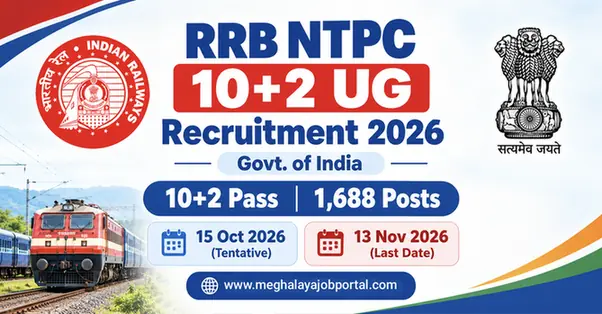 RRB NTPC 10+2 UG Recruitment 2026 banner featuring the Indian Railways logo, Government of India emblem, 1,688 vacancies for 10+2 pass candidates, tentative date of 15 October 2026, last date of 13 November 2026, and www.meghalayajobportal.com.