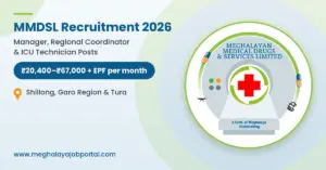 MMDSL Recruitment 2026 banner for Manager, Regional Coordinator and ICU Technician posts in Shillong, Garo Region and Tura, with the Meghalayan Medical Drugs & Services Limited logo